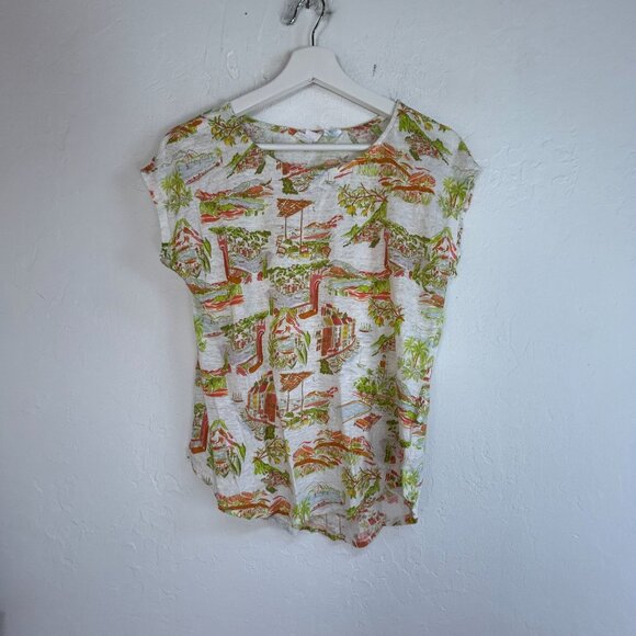 Cynthia Rowley Womens Linen Tropical Print Short Sleeve T-Shirt Medium Summer - Picture 1 of 7